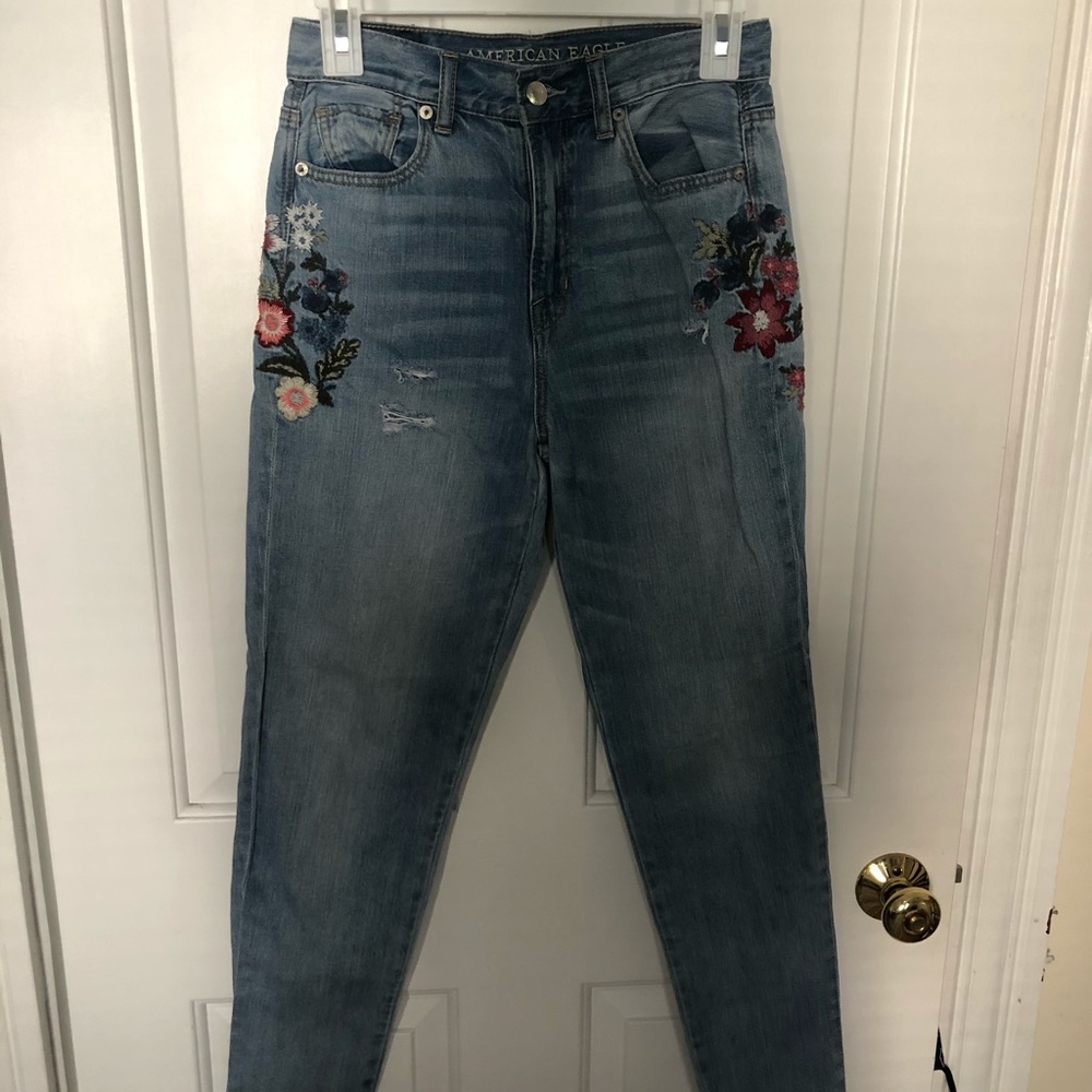 American Eagle Outfitters Blue Mom Jeans with Floral Embroidery